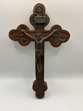 Vintage Hand Carved Wood Trefoil Crucifix Wall Cross Mid Century Metal Corpus picture