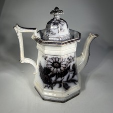 Antique Thomas Walker Flora Mulberry Flow Black Transferware Tea Coffee Pot picture