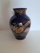 Japanese Oriental Style Blue Cobalt Porcelain Floral Gold Pheasant Quail Vase picture