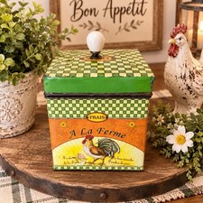 Vintage French Farmhouse Tin Canister Green Chkrbrd Rooster A La Ferme 5x5 3/4 picture