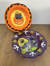 Vtg Berman Industries Halloween Candy Bowls (2) Black Cat Pumpkin Haunted House picture