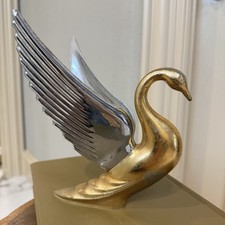 Vintage Bugler Swan Hood Ornament Chrome Wings Gold Packard Style 8” picture