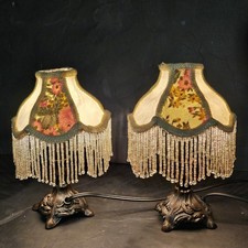 Pair Vintage Small Victorian Fringe Lampshade Floral Fabric Beaded Boudoir Shade picture