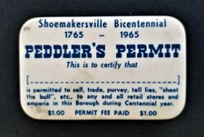 1965 vintage PEDDLER'S PERMIT PIN shoemakersville pa bicentennial picture