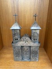 Vintage Punched Tin Church Cathedral Metal Folk Art Lantern 14” Rustic Decor picture