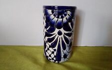 Mexican Talavera Pottery Cobalt Blue Vase Cylinder Tumblers 5.25