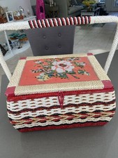 Vintage wicker Embroidery floral Top sewing basket container Japan From JC Penny picture