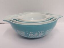 Vintage Pyrex Set of 4 Nesting Mixing Bowls Turquoise White Amish Butter Print  picture