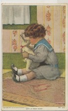 Love at First Sight - Young Child and Toy Bunny Rabbit (c) 1907 Gutmann postcard picture