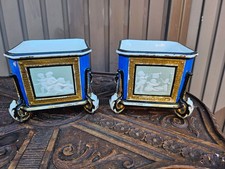 PAIR Antique French 1900 Porcelain Planter vase relief putti cherub decor picture