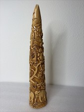 16” VTG Faux Ivory Tusk Animal Sculpture Elephant Monkey Birds And More Resin picture