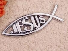 JESUS Auto Chrome Emblem Religious Christian Fish Symbol 4” Metal Galilean Truck picture