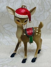 Vintage Mid Century Plastic Reindeer Deer Christmas Ornament Santa Hat Saddle picture