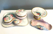Antique 6 Piece T&V Limoges France Pink Roses Porcelain Dresser Vanity Set picture