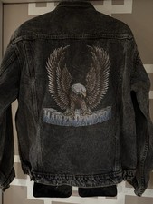 Vintage 1993 Harley-Davidson Embossed Eagle Black Acid Wash Denim Jacket Sz L picture