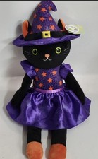 18 inch Plush Black Cat Wearing Witch Hat Halloween Purple sparkle dress & Hat picture