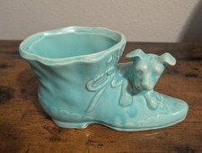 Vintage Turquoise Blue Ceramic Baby Shoe Planter with Puppy Dog Figurine 8