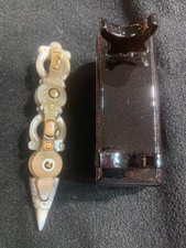 Excellent Rare Tibetan Natural Sky Eyeds Agate Dzi Hand Carved Dorje W/Wood Set picture