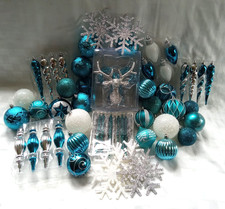 Huge 65 pc Lot Winter Wonderland Ornaments Ice Blue Silver White Glitter Holiday picture