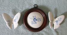 Homco 3 Vtg Ceramic Wall Plaques Blue Roses 2 Butterflies 1 Round Wood Frame lot picture