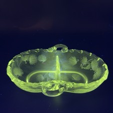 Fostoria Etched Glass Two Part Relish Tray Appetizer Dish Manganese 365nm UV picture