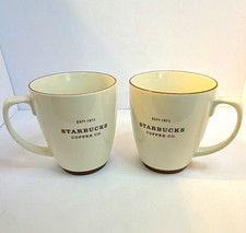 Vintage Starbucks White Ceramic Mugs Set of 2 Brown Rim Coffee & Tea 2006 picture