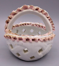 Vintage Porcelain Basket Bowl Trinket Dish Miniature White Pink Lace Tray picture