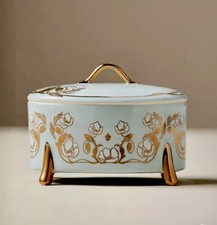 NEW ANTHROPOLOGIE X THE MET TRINKET BOX WT LID CLASSIC FLORAL GILDED STONEWARE picture