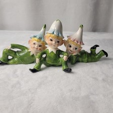 3 Vintage Ceramic Elves Elf Pixies MCM Christmas Figurine Japan Green picture