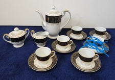 Vintage Swan China Japan Tea Coffee Service 5 Black Gold Filigree Gilt Pristine picture