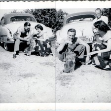 x2 LOT c1950s Oldsmobile Rocket 88 Car Couple Dog Snapshots Pekingese Auto Vtg picture