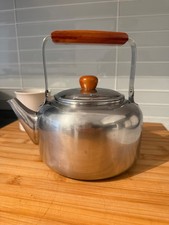 Vintage Farberware #7010 Stainless Steel Tea Kettle Wood Handle MCM Retro Style picture
