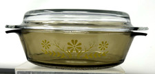 Vintage Glasbake Yellow Daisy Glass Smoked Amber Jeanette Oval Baking Dish & Lid picture