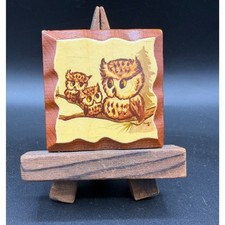 Vintage 1970s Owl Family Decoupage Wood Plaque Miniature Art w/ Wooden Easel picture