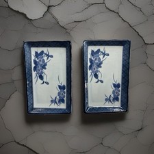 Vintage Japanese Blue & White Sushi Plates Rectangular Floral Set of 2 picture