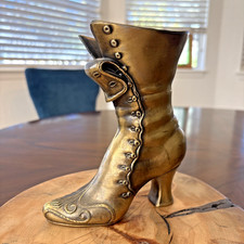 Vintage Cast Metal Victorian Button Boot Planter Gold Tone Shoe Vase Decor picture