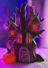 RETRO-HALLOWEEN Handpainted Ceramic Multi-Color Light up Spooky Tree w/ Owl picture