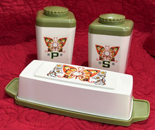 VTG Sterilite Tablemates Butterfly Butter Dish Salt Pepper Retro Olive Green MCM picture
