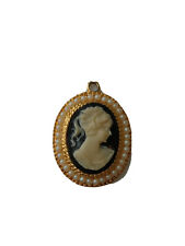 Cameo Off White On Black Pendant Faux Pearl Gold Tone Border Setting D6 picture