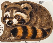 RARE Vintage 70s RANDY RACCOON Craft Fabric Panel Wildlife Farm Animal Pillow picture