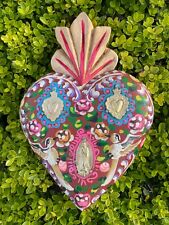 Hand painted SACRED HEART with Doves and Milagros, Mexican Sacred Heart picture