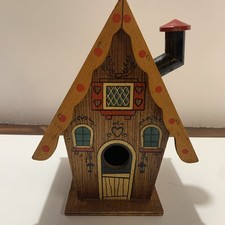 Vtg Kitschy Wood Birdhouse Chalet Cottage Fairy Garden 10” Mcm picture