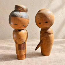 Vintage 1960s Japanese Kokeshi Dolls Winter Autumn Wood Figurines Pair 7.75” picture