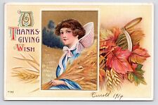 c1908~Schmucker Thanksgiving Lady~Gold Foil~Wheat Harvest~Fall~Embossed~Postcard picture