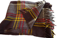 VINTAGE FARIBO 100%WOOL STADIUM BLANKET FRINGES PLAID BROWN MULTI COLORS 65