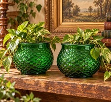 2 Vintage E.O. BrodyCo. 1019 Emerald Green Glass Planter Vase Fish Scale Pattern picture
