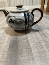 Vintage Showa Japan Stoneware Teapot Bamboo Design Ribbed Gray Brown 6.5” picture