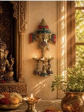 Brass Ganesha Wall Hanging Diya with Bells Gemstone Work Oil Lamp Diwali Gift picture