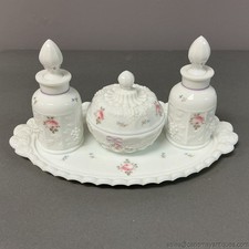 Milk Glass Vanity Set Roses and Bows Westmoreland Tray Perfumes Power Box picture