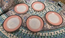 5  Hazel Atlas Mid Century Modern Ovide PINK Black White 7” Dessert Plates picture